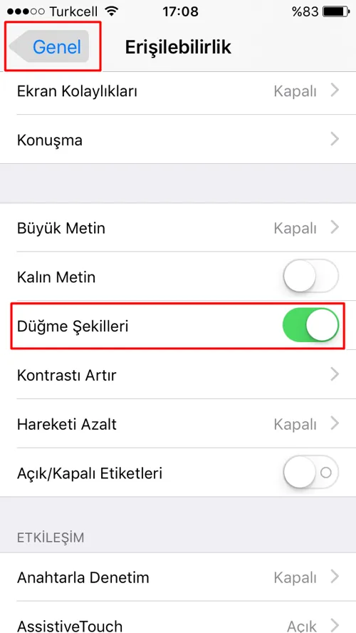 iPhone'da Düğme Şekilleri Nasıl Değişir?