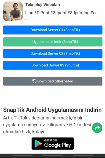 TikTok Filigransız Video İndirme - iOS ve Android İçin Tüm Yöntemler SnapTik video indirme ekranı