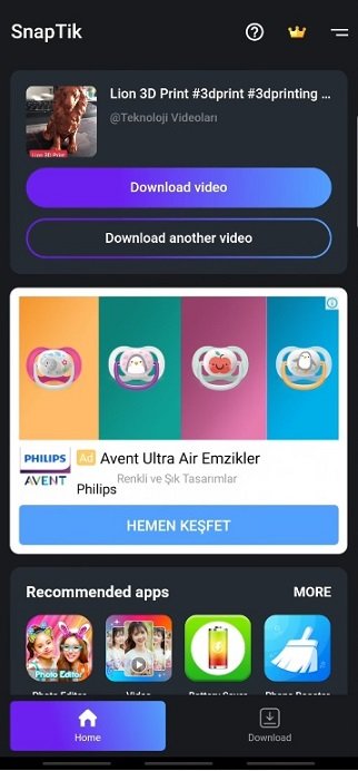 TikTok Filigransız Video İndirme - iOS ve Android İçin Tüm Yöntemler SnapTik video indirme ekranı