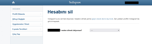 Instagram hesap kapatma ekranı