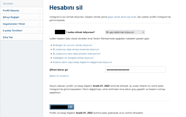 Instagram hesabı tamamen kapatma ekranı